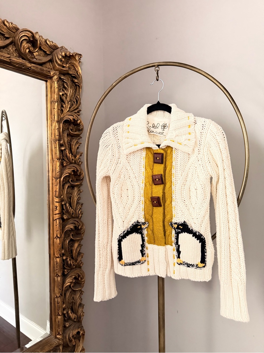 Anthropologie Cardigan - Cream Cable-Knit Sweater Penguin Pockets